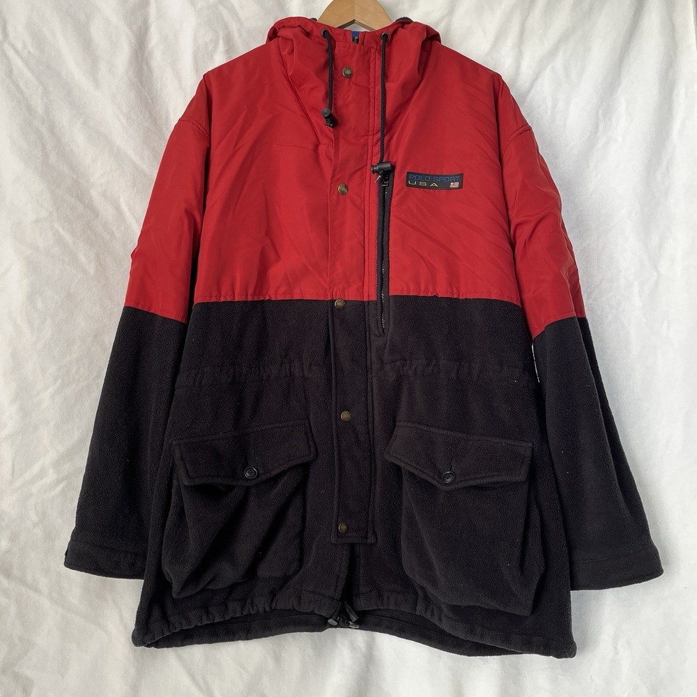 Polo Sport Ralph Lauren Jacket Men L Red Black Fleece Nylon Hooded Vintage 90s - Picture 5 of 16